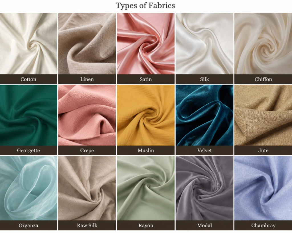Premium Fabrics for Women featuring cotton, linen, satin, silk, chiffon, georgette, crepe, muslin, velvet, organza, rayon, modal, and other luxury fabric types