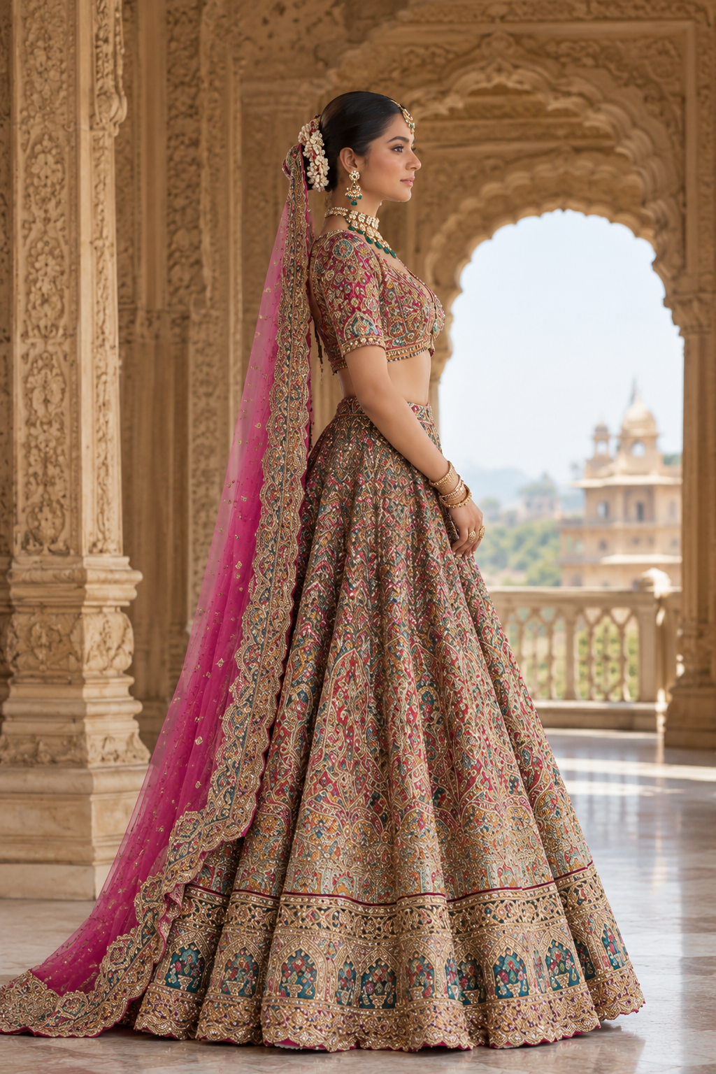BRIDAL LEHENGA - IN Deep Maroon / Wine in Antique Gold - Image 3